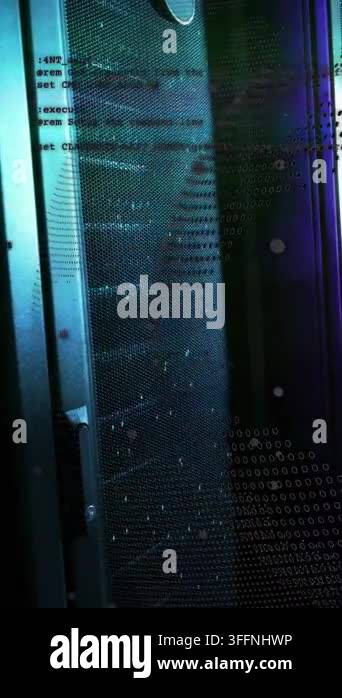 Camera Interace Vertical video: Camera framing teal server cabinet, overlays sliding ...