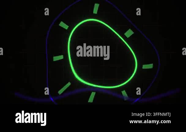 A dynamic animation featuring a glowing green neon loop shape that ...