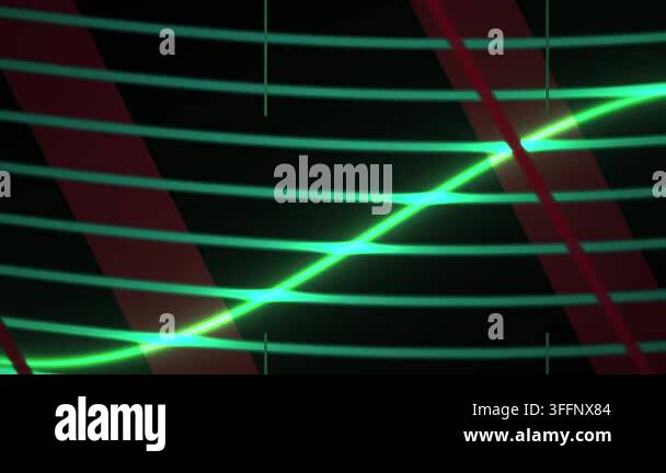A dynamic digital animation featuring glowing green sine waves moving ...