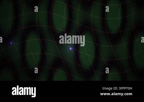 Abstract green grid lines shift in wave pattern with glowing purple ...