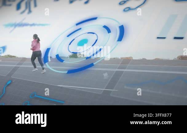 Woman starting jog on paved road, fitness HUD appearing and tracking ...