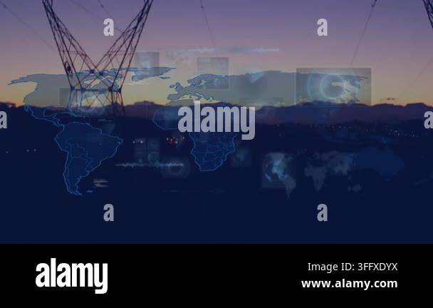 Animation of world map with data processing over electricity pylons ...