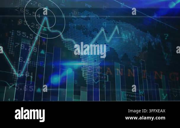Animation of financial data processing over world map. Global computing ...