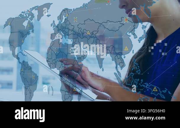 Animation of world map over hands of woman using tablet. Global network ...