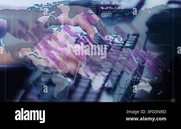Animation of data processing and world map over hands using computer ...