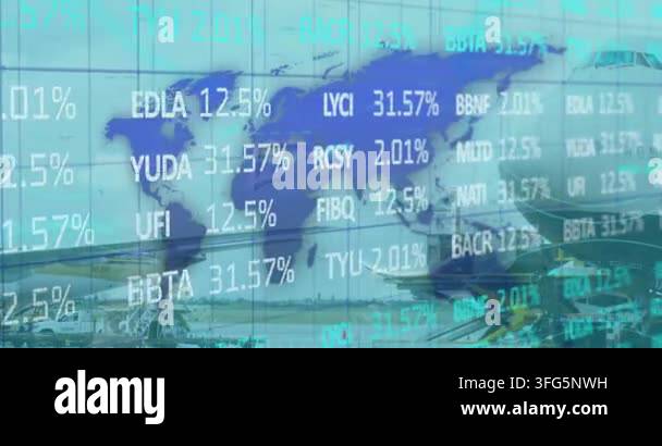 Animation of 5g text, financial data processing over world map and ...