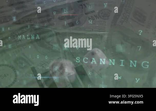 Animation of data processing over dices and banknotes. global business ...