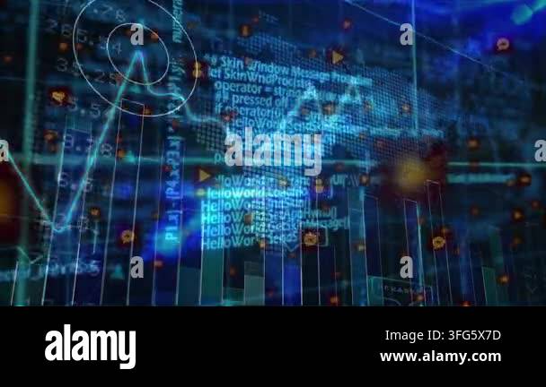 Animation of data processing over world map. Global business and ...