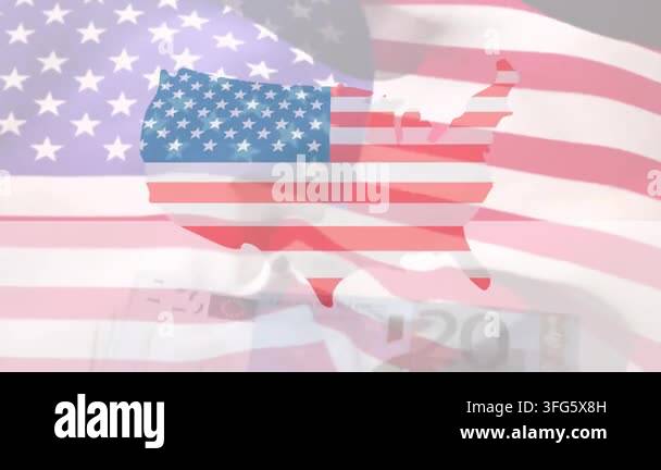 Animation of us map over euro bills against waving usa flag. American ...