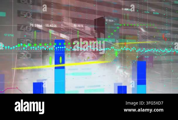 Animation of financial and statistical data processing over world map ...