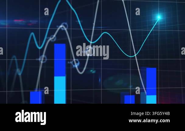 Animation of data processing and world map over black background ...