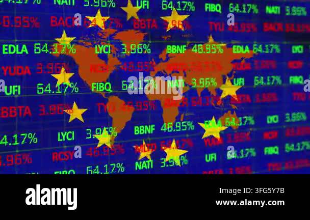 Animation of financial data over world map. European finance, economy ...