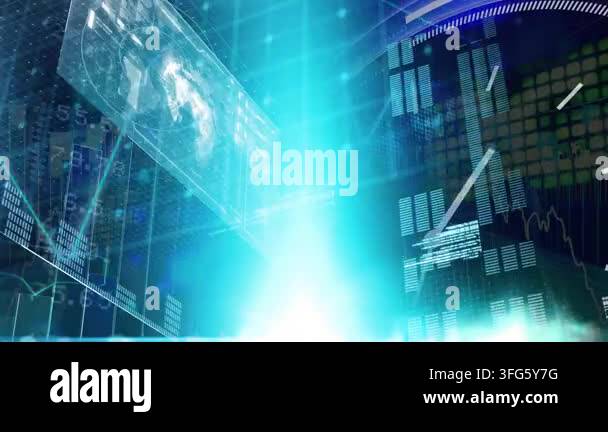 Digital interface with data processing against world map on blue ...