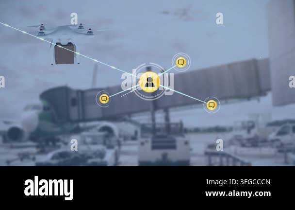 Animation of network of connections with icons over drone and airport ...