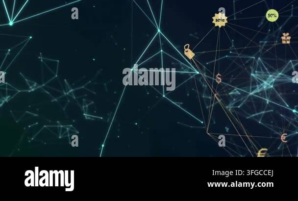 Animation of icons and network of connections over dark background ...
