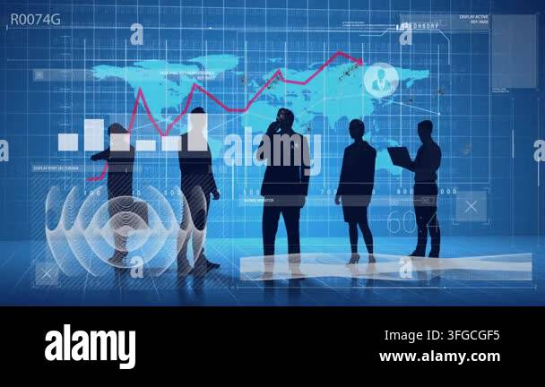 Animation of interface with data processing over silhouettes of ...