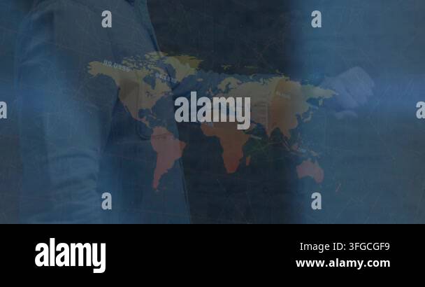 Animation of 6g and world map over hands of caucasian businessman ...