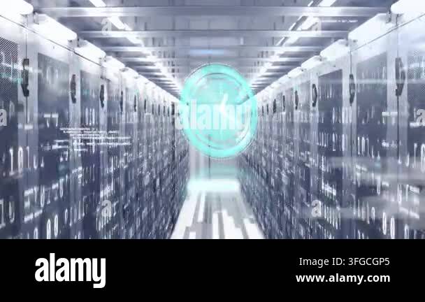 Animation of ticking clock and data processing against computer server ...