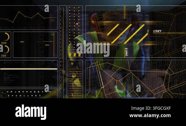 Animation of interface with data processing over asian male engineer ...