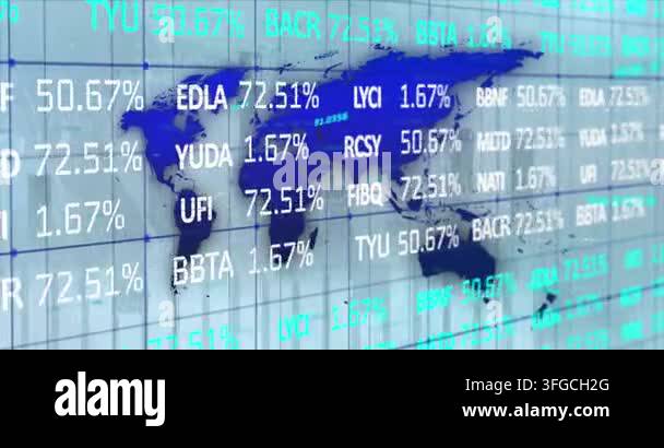 Animation of financial data processing over world map. Global business ...