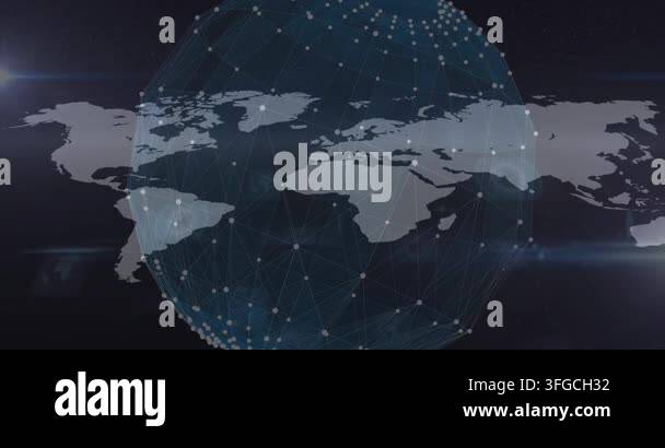 Animation of data processing and world map over black background ...