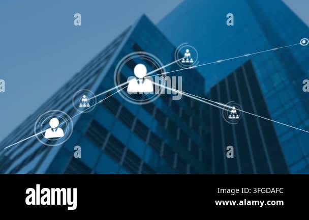 Animation of network of connections with icons over cityscape. Global ...