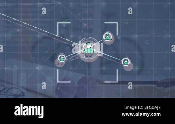 Animation of network of connections with icons over computer servers ...