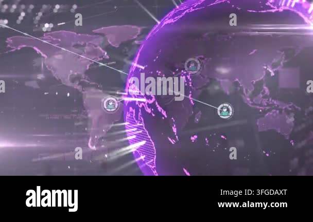 Animation of globe and connected icons over map and computer language ...