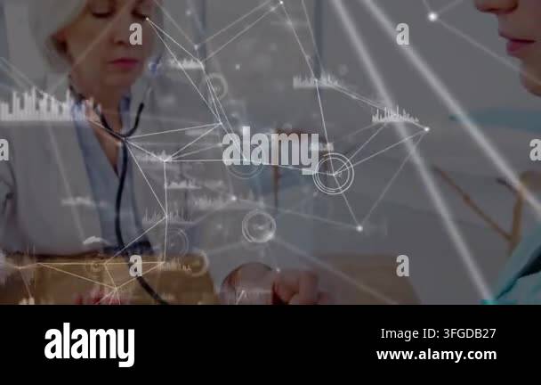 Animation of network of connections with icons over female caucasian ...