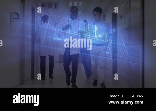 Animation of glowing blue city buildings and financial data processing ...