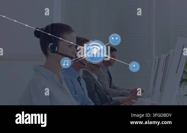 Animation of connected icons over diverse service agents wearing ...