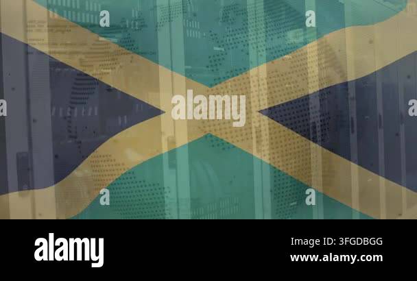 Animation of flag of jamaica, computer language and globe over data ...