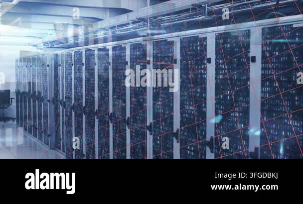 Animation of network of connections and moving columns over computer ...