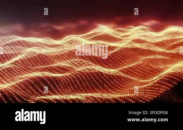 Glowing golden particles flow across a vivid red background, forming a ...