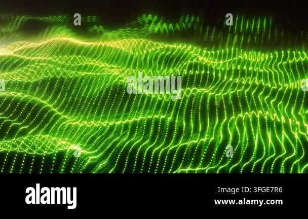 Glowing green neon particles form flowing digital waves, creating a ...