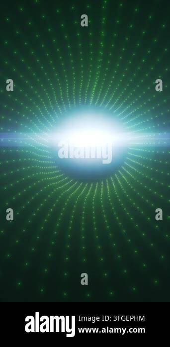 Green glowing particle dots form a radial tunnel around a bright light ...