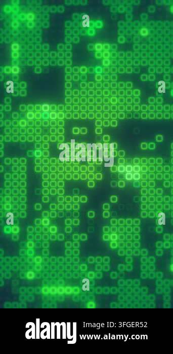 Green glowing square pixels form an abstract digital matrix pattern ...