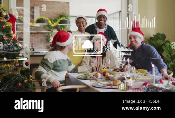 Six adults leaning in toasting at table, cloud icon driving holiday ...