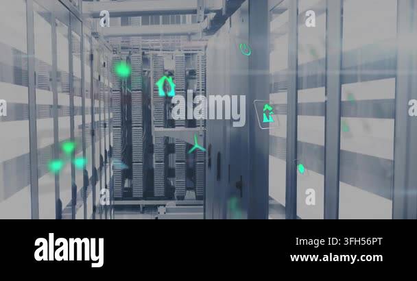 Cam moving down rack aisle, causing green icons appearing, drifting to ...