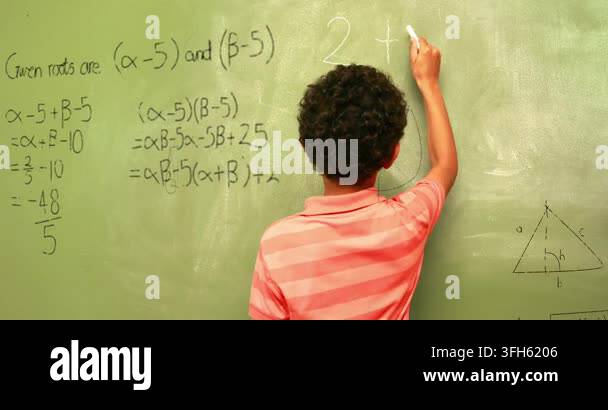 Animation of math formulas over back view of boy writing on black board ...