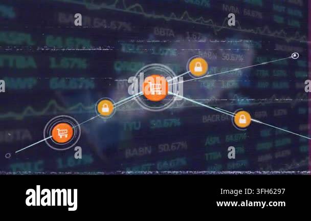 Animation of network of connections with icons over data processing and ...
