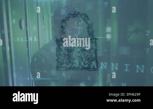 Animation of data processing and padlock icon over asian man in server ...