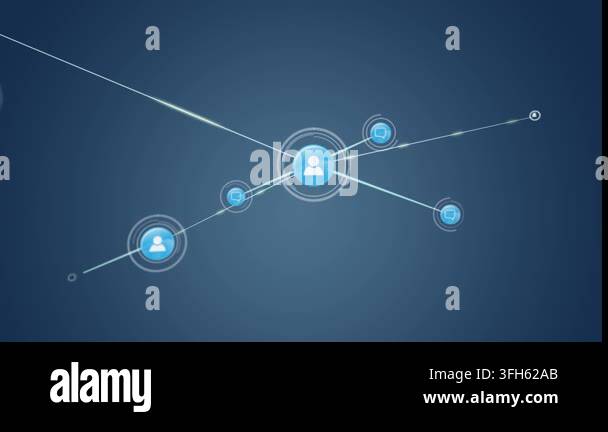 Digital animation of profile icons connecting with lines against blue ...