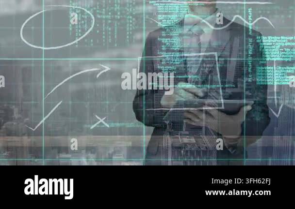 Animation of data processing over businessman in server room. Global ...