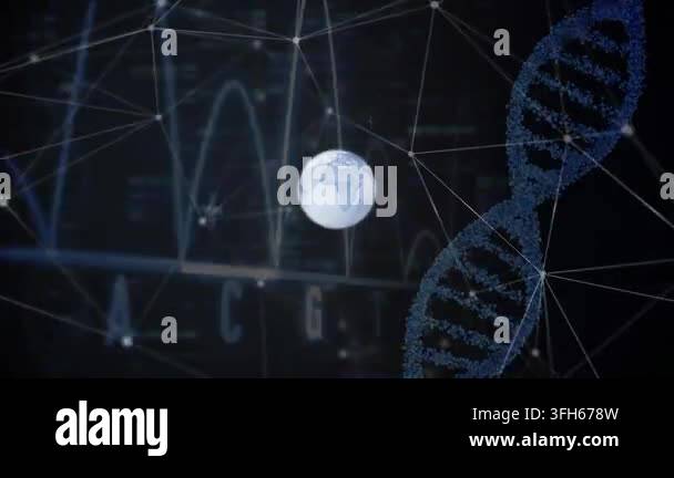 Animation of globe over connected dots, graphs, dna helix, falling bars ...