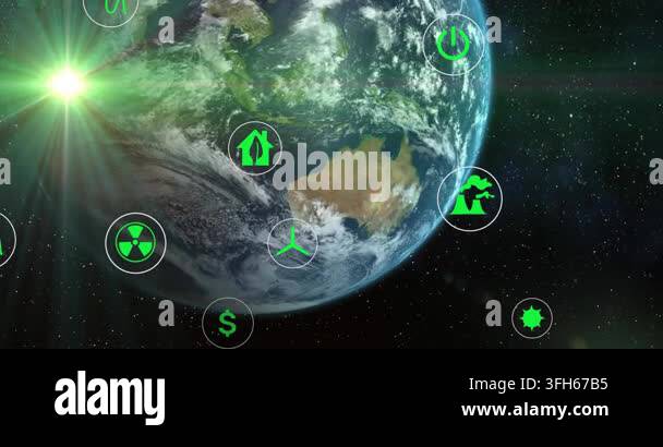 Animation of digital eco icons processing over globe. Global ...