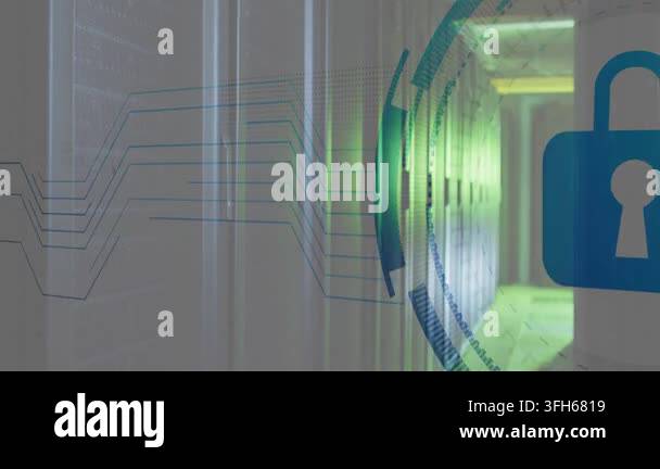 Server aisle on fade showing security HUD, circuit lines linking to ...