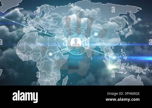 Animation of network of connections with icons over caucasian ...