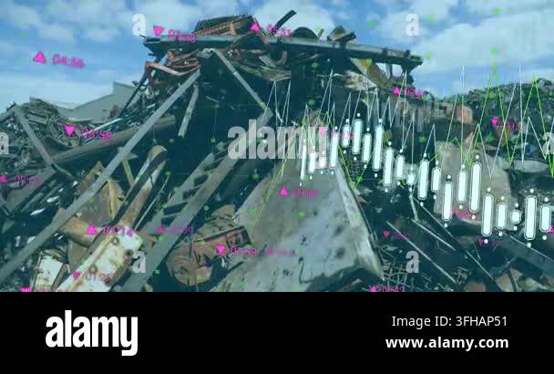 Animation of financial data processing over landfill site. Global ...