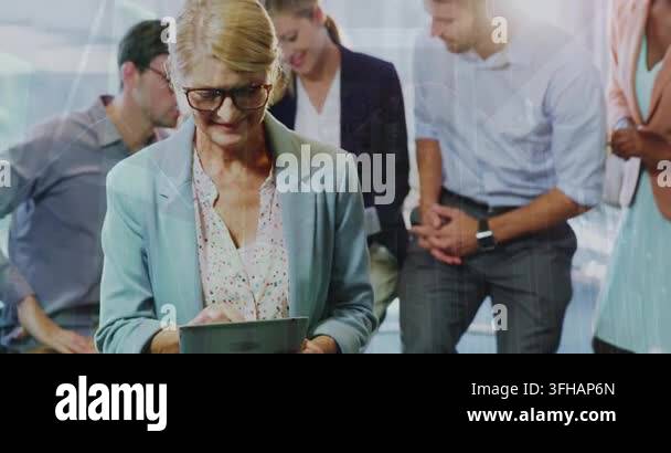 Animation of data processing over business people using phone headsets ...